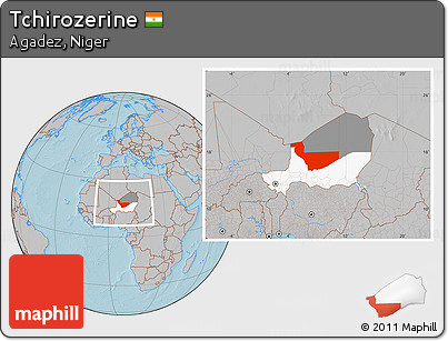 Gray Location Map of Tchirozerine, highlighted country, highlighted parent region, within the entire country, hill shading