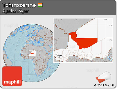 Gray Location Map of Tchirozerine, highlighted country, hill shading