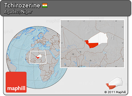 Gray Location Map of Tchirozerine, highlighted parent region, within the entire country, hill shading