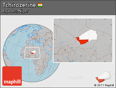 Gray Location Map of Tchirozerine, highlighted parent region, within the entire country, hill shading
