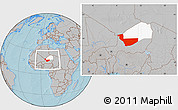 Gray Location Map of Tchirozerine, highlighted parent region, within the entire country, hill shading