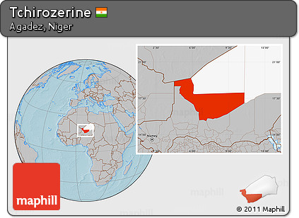 Gray Location Map of Tchirozerine, highlighted parent region, hill shading
