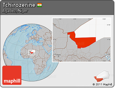 Gray Location Map of Tchirozerine, highlighted parent region, hill shading