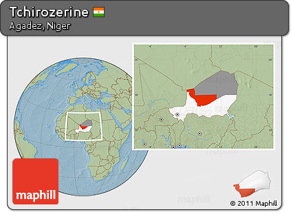 Savanna Style Location Map of Tchirozerine, highlighted country, highlighted parent region, within the entire country, hill shading