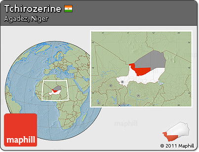 Savanna Style Location Map of Tchirozerine, highlighted country, highlighted parent region, within the entire country, hill shading
