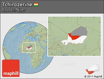 Savanna Style Location Map of Tchirozerine, highlighted country, highlighted parent region, within the entire country, hill shading