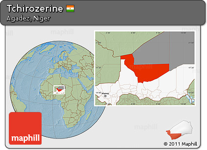 Savanna Style Location Map of Tchirozerine, highlighted country, highlighted parent region, hill shading