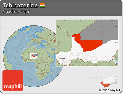 Savanna Style Location Map of Tchirozerine, highlighted country, highlighted parent region, hill shading