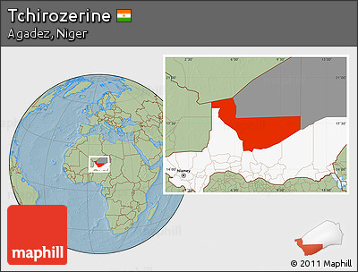 Savanna Style Location Map of Tchirozerine, highlighted country, highlighted parent region, hill shading