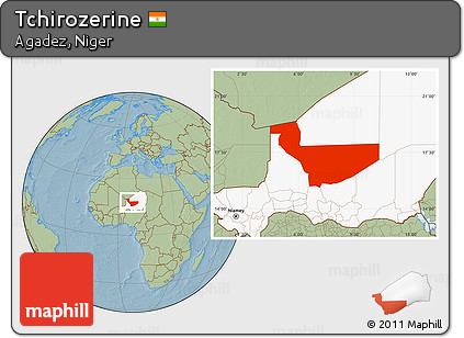 Savanna Style Location Map of Tchirozerine, highlighted country, hill shading