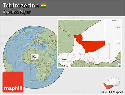 Savanna Style Location Map of Tchirozerine, highlighted country, hill shading