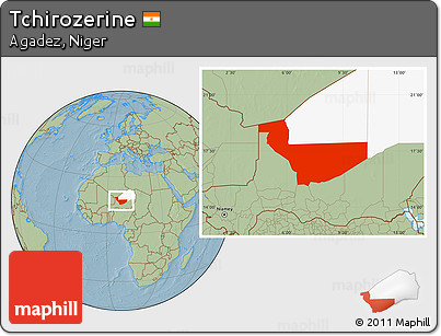 Savanna Style Location Map of Tchirozerine, highlighted parent region, hill shading