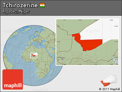 Savanna Style Location Map of Tchirozerine, highlighted parent region, hill shading