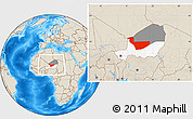 Shaded Relief Location Map of Tchirozerine, highlighted country, highlighted parent region, within the entire country