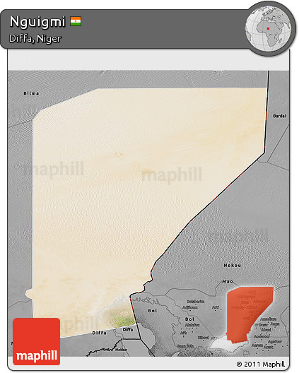 Satellite 3D Map of Nguigmi, darken, desaturated