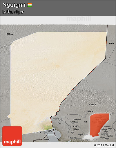 Satellite 3D Map of Nguigmi, darken, semi-desaturated