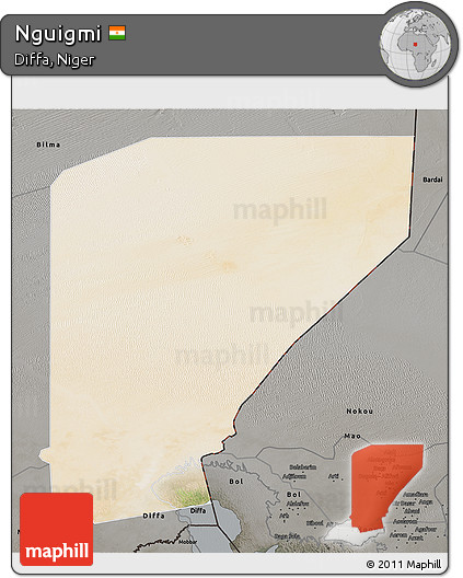 Satellite 3D Map of Nguigmi, darken, semi-desaturated