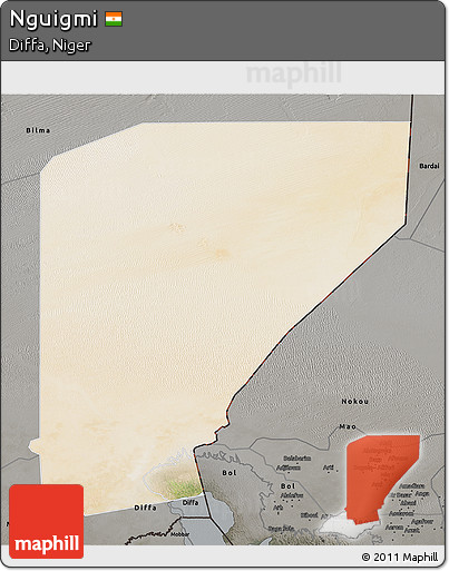 Satellite 3D Map of Nguigmi, darken, semi-desaturated