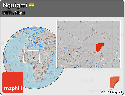 Gray Location Map of Nguigmi, within the entire country, hill shading