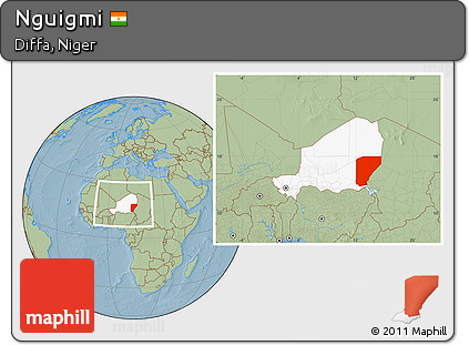 Savanna Style Location Map of Nguigmi, highlighted country, within the entire country, hill shading