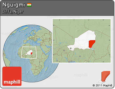 Savanna Style Location Map of Nguigmi, highlighted country, within the entire country, hill shading