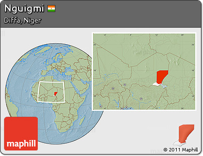 Savanna Style Location Map of Nguigmi, highlighted parent region, within the entire country, hill shading
