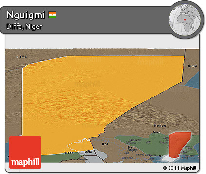 Political Panoramic Map of Nguigmi, darken, semi-desaturated