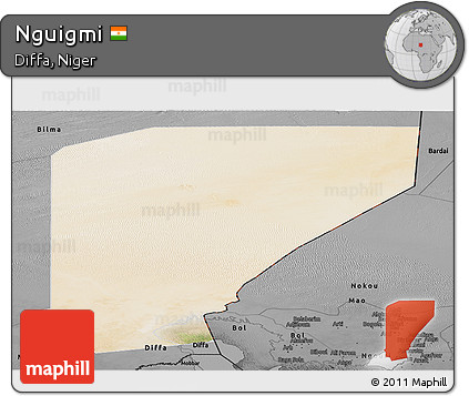 Satellite Panoramic Map of Nguigmi, darken, desaturated