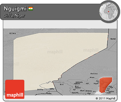 Shaded Relief Panoramic Map of Nguigmi, darken, desaturated