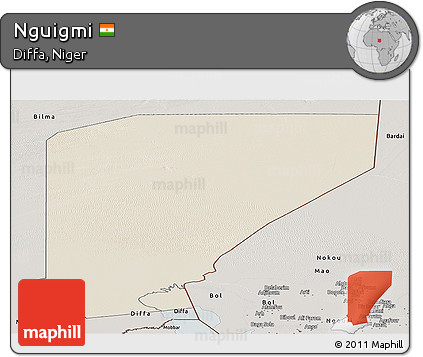 Shaded Relief Panoramic Map of Nguigmi, semi-desaturated