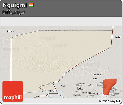 Shaded Relief Panoramic Map of Nguigmi, semi-desaturated