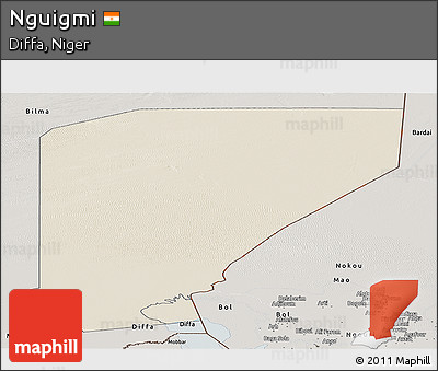 Shaded Relief Panoramic Map of Nguigmi, semi-desaturated