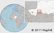 Gray Location Map of Birni Nkonni, highlighted country, hill shading