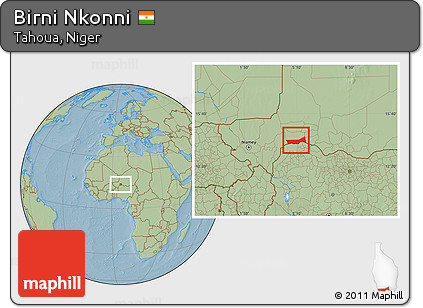 Savanna Style Location Map of Birni Nkonni, hill shading