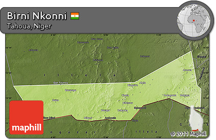 Physical Map of Birni Nkonni, darken