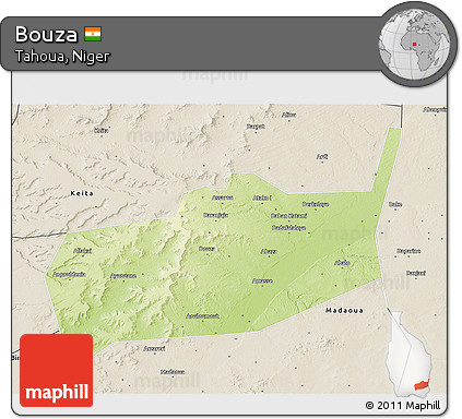 Physical 3D Map of Bouza, shaded relief outside
