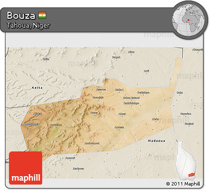 Satellite 3D Map of Bouza, shaded relief outside