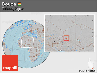 Gray Location Map of Bouza, within the entire country, hill shading