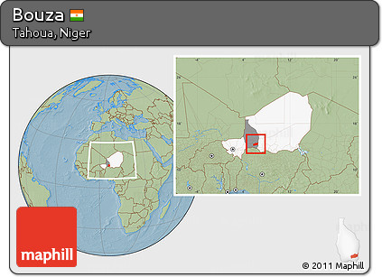 Savanna Style Location Map of Bouza, highlighted country, highlighted parent region, within the entire country, hill shading