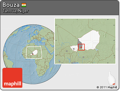 Savanna Style Location Map of Bouza, highlighted country, highlighted parent region, within the entire country, hill shading