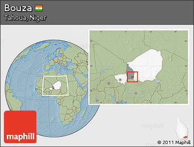 Savanna Style Location Map of Bouza, highlighted country, highlighted parent region, within the entire country, hill shading