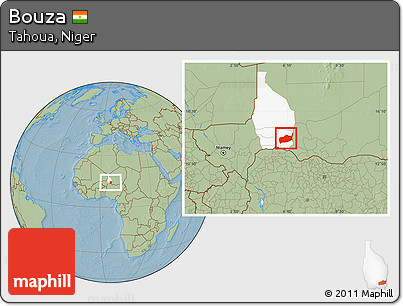 Savanna Style Location Map of Bouza, highlighted parent region, hill shading
