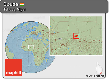 Savanna Style Location Map of Bouza, hill shading