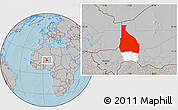 Gray Location Map of Tchin-Tabaraden, highlighted parent region, hill shading