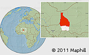 Savanna Style Location Map of Tchin-Tabaraden, highlighted parent region, hill shading