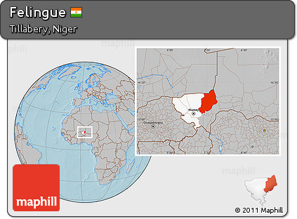 Gray Location Map of Felingue, highlighted parent region, hill shading