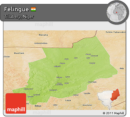 Physical Panoramic Map of Felingue, satellite outside
