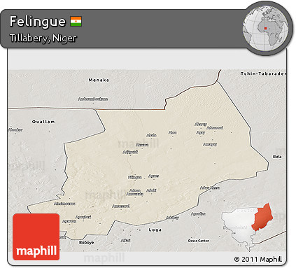 Shaded Relief Panoramic Map of Felingue, semi-desaturated