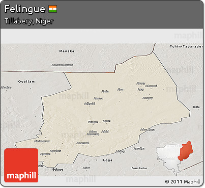 Shaded Relief Panoramic Map of Felingue, semi-desaturated