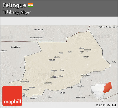Shaded Relief Panoramic Map of Felingue, semi-desaturated